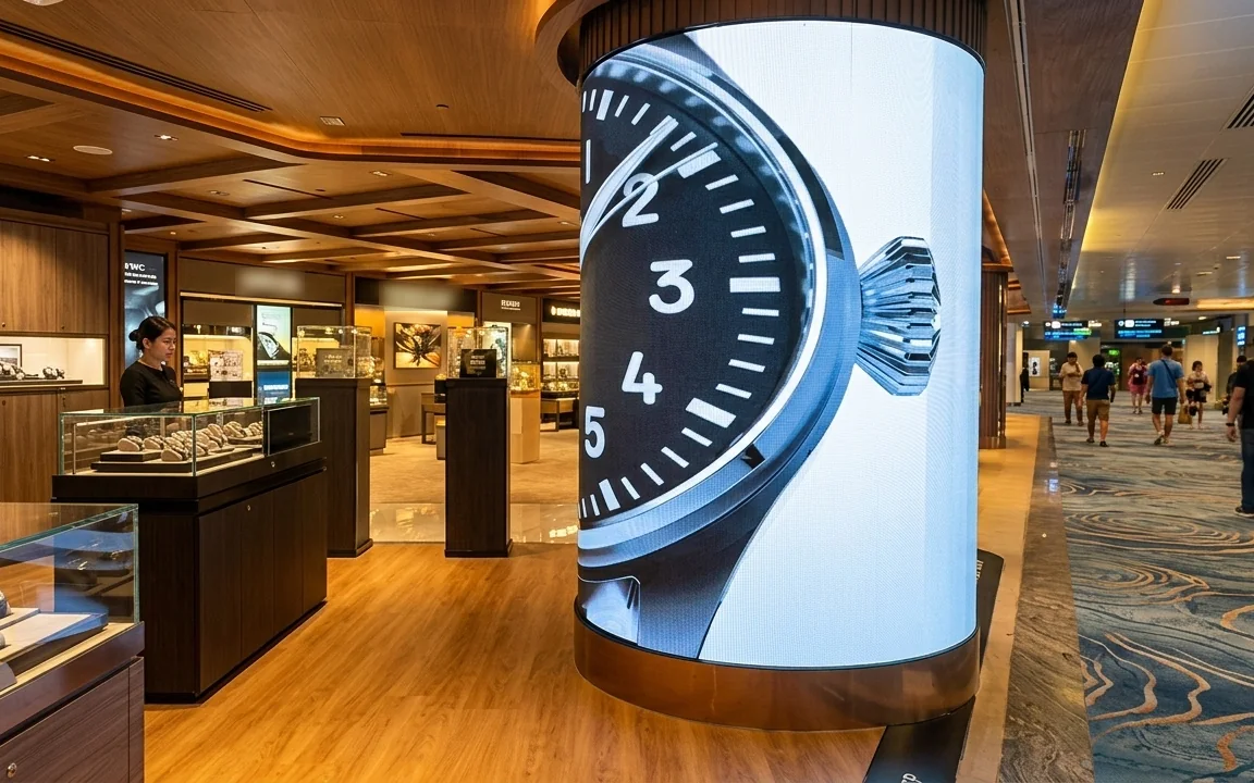 Runde LED-Säule mit Uhr-Motiv in einem Verkaufsbereich