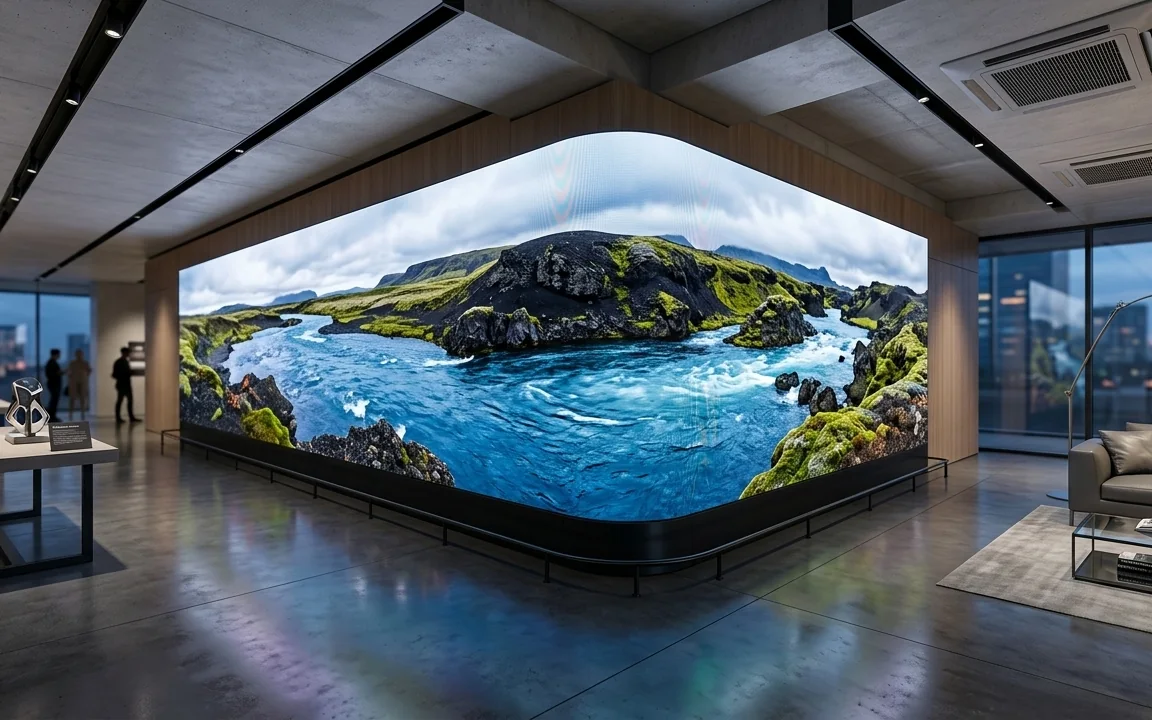 Raumhoher LED-Screen um die Ecke in einem Ausstellungsraum mit Landschaftsmotiv