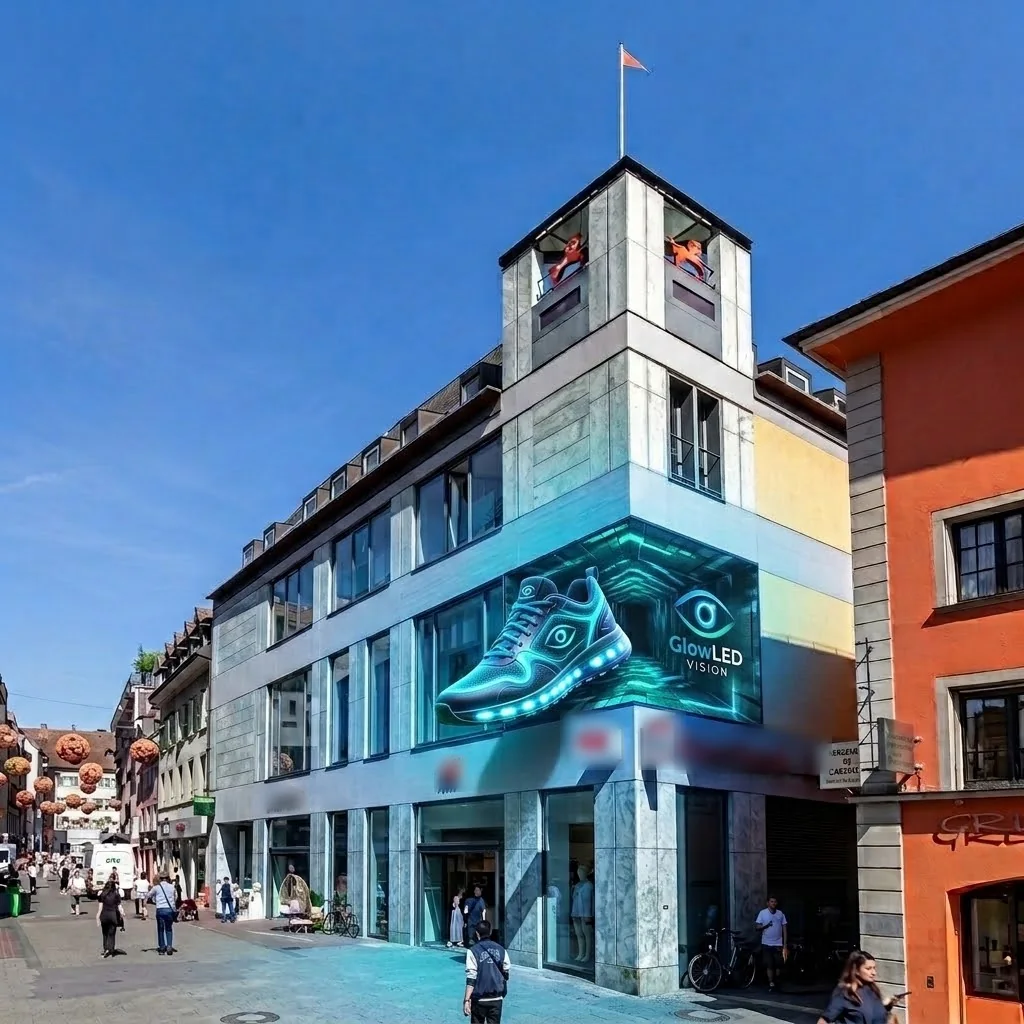 3D-Turnschuh auf einem Eck-Screen an einem Geschäftshaus in einer Fußgängerzone