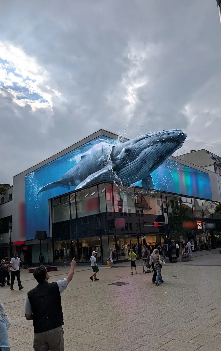 3D-Wal auf einem Eck-Screen an einem Kaufhaus, Passanten schauen nach oben