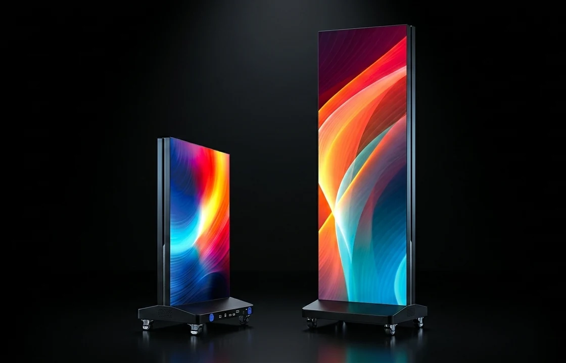 Zwei Fold Poster LED-Screens auf Rollen mit farbigem Motiv