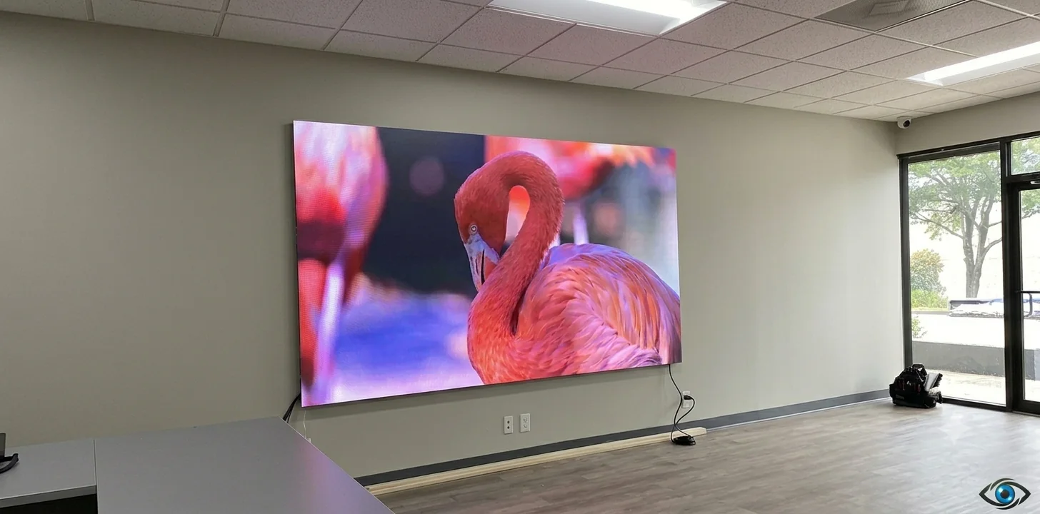 Große Infinity-HD-Videowand mit einem Flamingo-Motiv an der Wand eines Büros