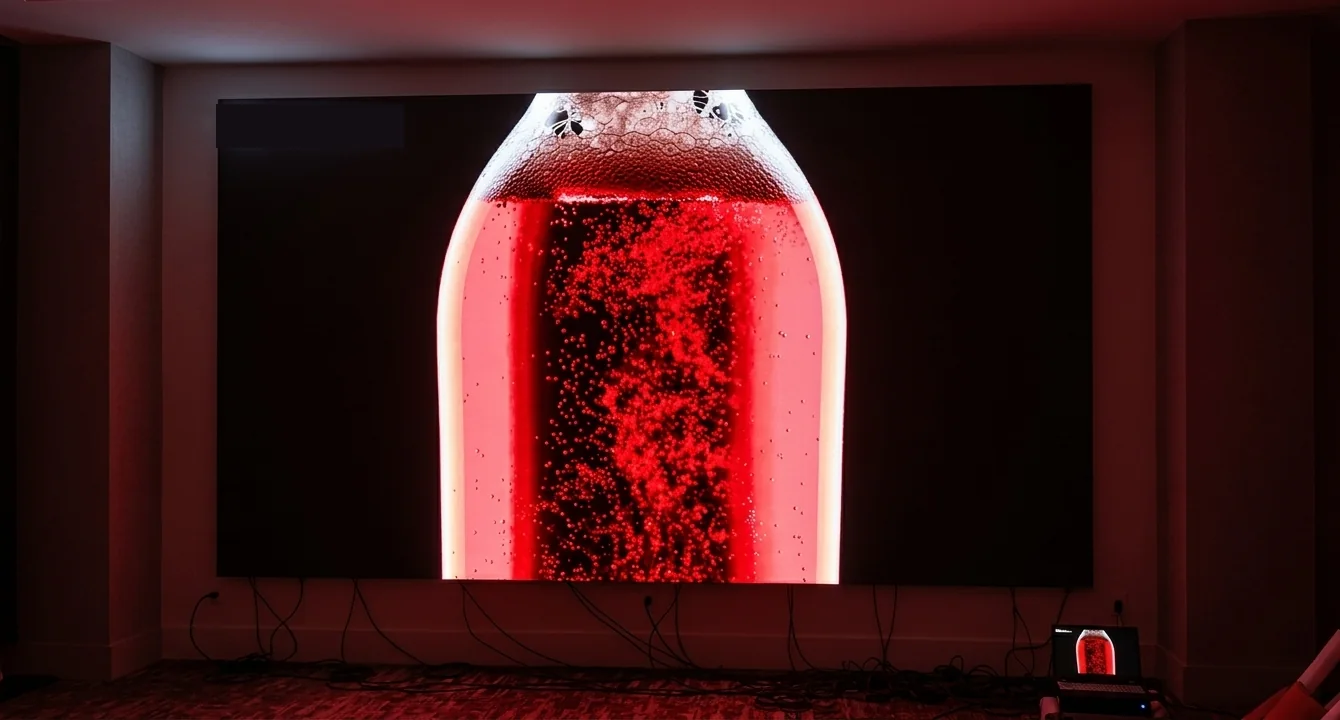 Große LED-Wand mit einem roten Flaschenmotiv in einem abgedunkelten Raum