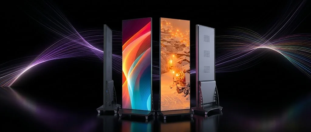 Vier mobile Poster-LED-Screens vor dunklem Hintergrund mit Lichtwellen