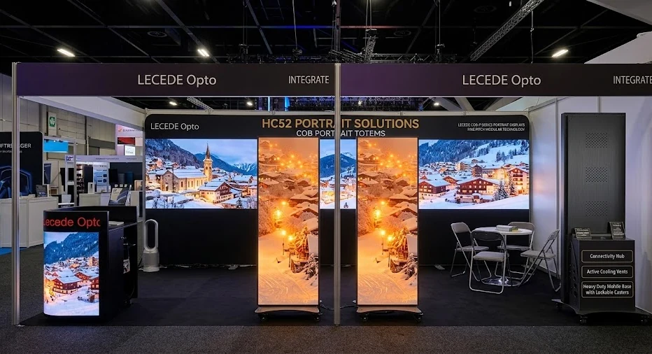 Messestand mit Portrait-LED-Screens und LED-Wänden auf einer Fachmesse