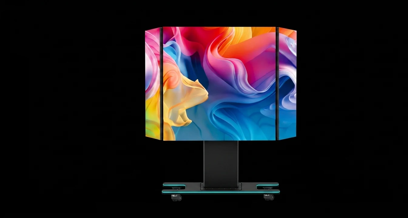 Pop All-in-One: dreiteiliger LED-Screen auf einem Standfuß mit Rollen