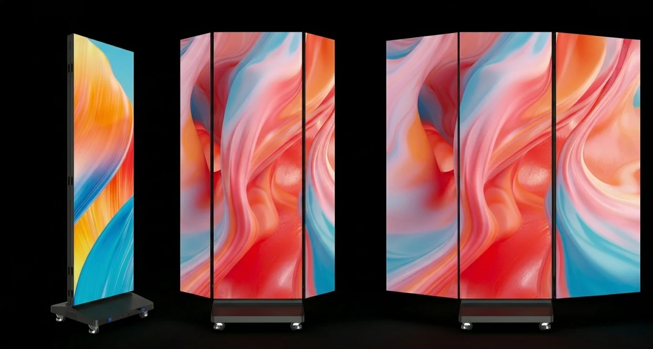 Tri-Fold: dreiteiliger, faltbarer LED-Screen auf Rollen und ein Poster-Screen daneben