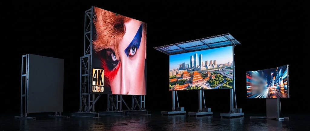 Vier Outdoor-LED-Screens auf Traversen und Ständern bei Nacht