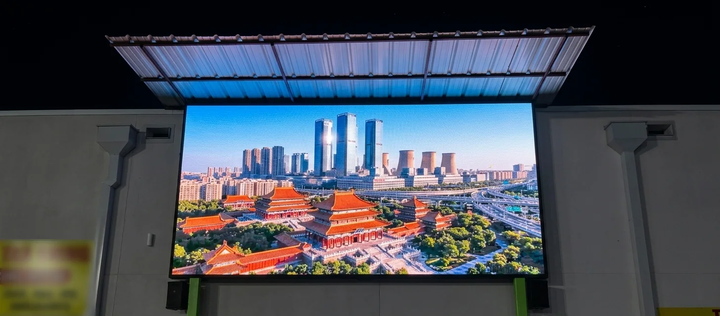 Outdoor-LED-Screen mit Wetterdach an einer Gebäudewand bei Nacht