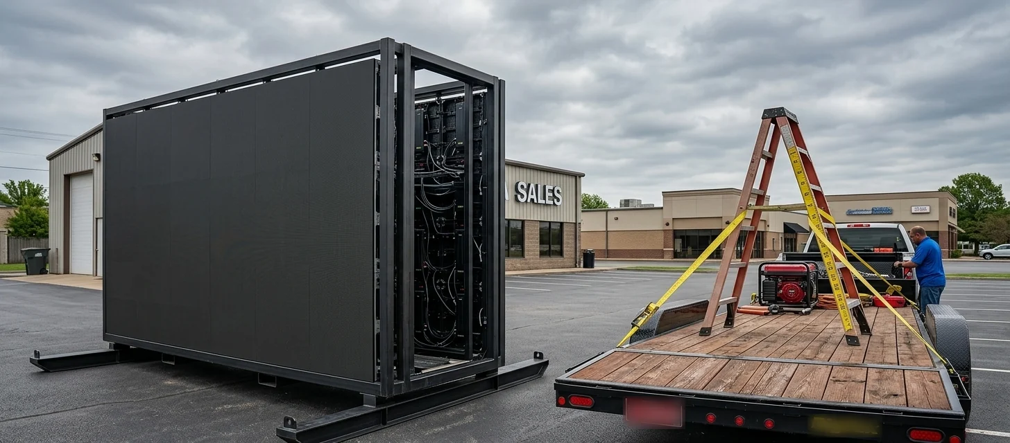 Großer Titan-Screen im Stahlrahmen neben einem Anhänger mit Leiter und Generator auf einem Parkplatz
