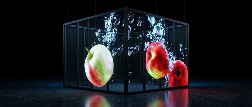 Transparenter LED-Würfel mit 3D-Äpfeln und Wassertropfen