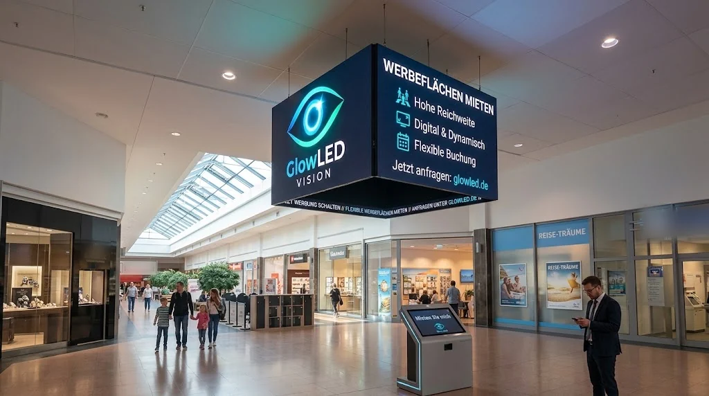 Von der Decke hängender LED-Würfel mit Werbung in einer Einkaufspassage