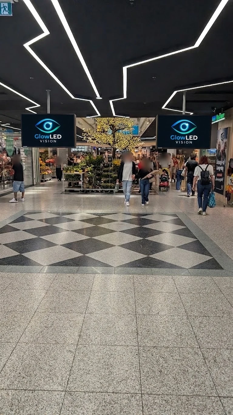 Zwei von der Decke hängende LED-Screens mit Werbung in einer Einkaufspassage