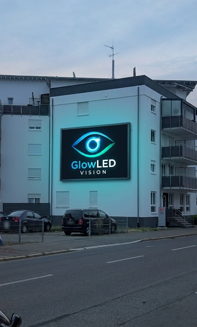 Großer LED-Screen an einer Hauswand an einer Straße